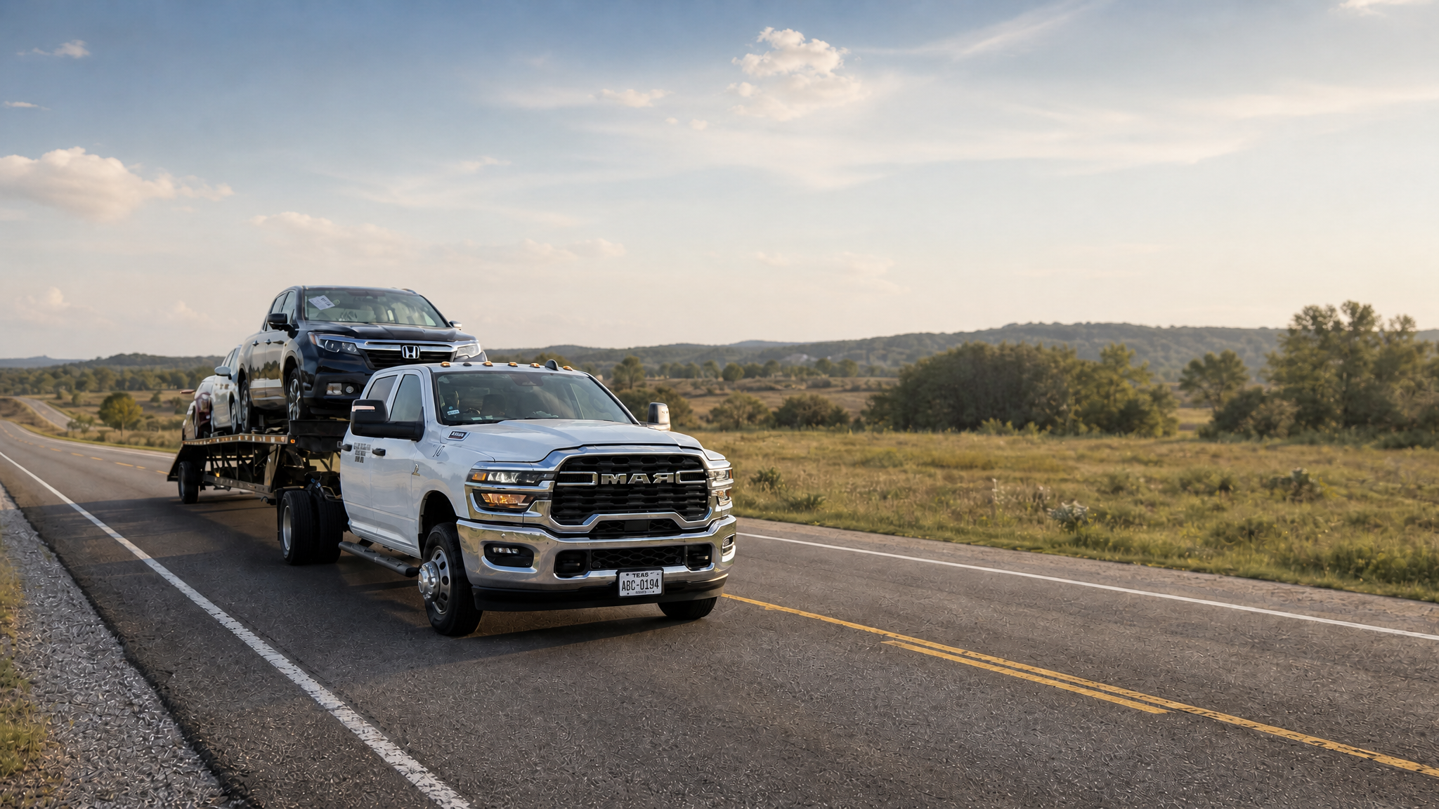 Avelli Hauling RAM 3500 truck hauling vehicles on Texas highway
